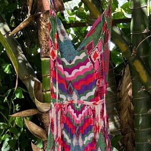 Maeve Anthropology Colorful Geometric Maxi Dress lace up back and pleated detail